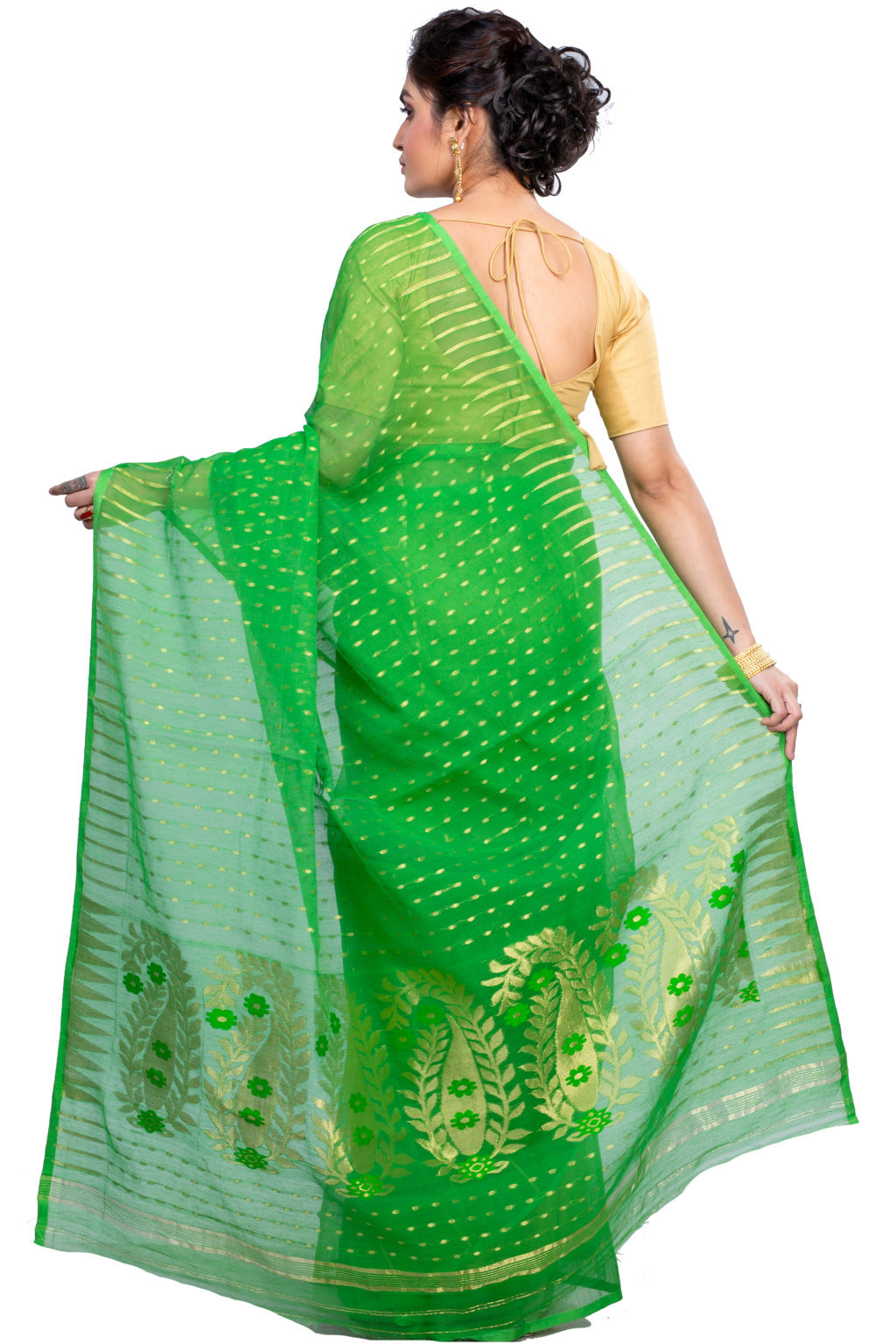 Green Blended Cotton New HALF  JAMDINE Jamdani Saree (4107)